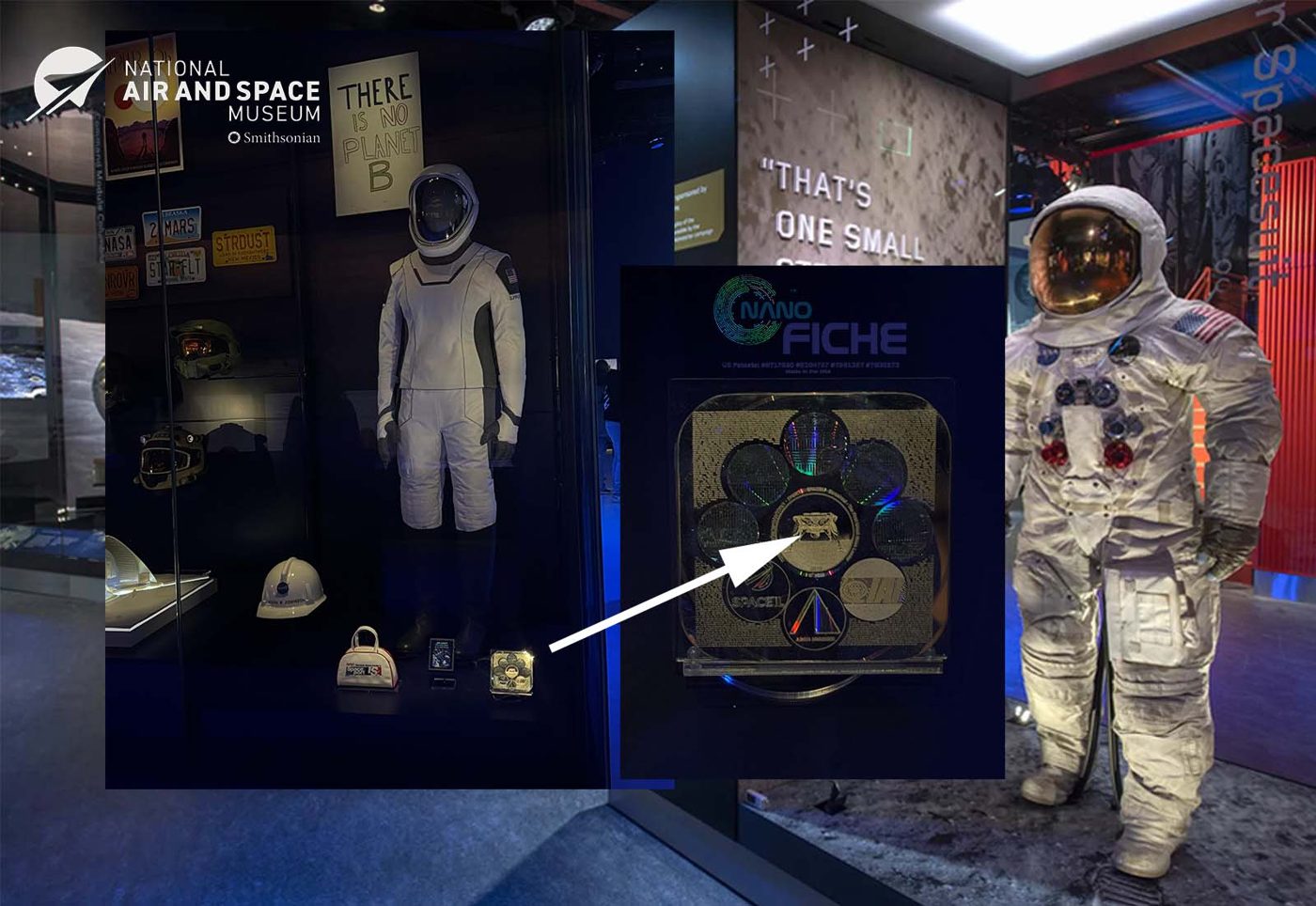 A NanoFiche disc on display in a case at the Smithsonian National Air and Space Museum, shown beside a SpaceX pressure suit and an Apollo lunar suit, with a detail view of the engraved nickel plate and its mission emblems.